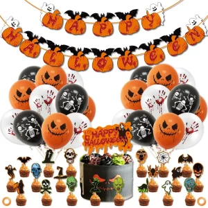 Halloween Party Decoration Pumpkin Banner Cake Topper Ghost Festival Bar Balloon Photobooth Props for Kids Horror Bday Party
