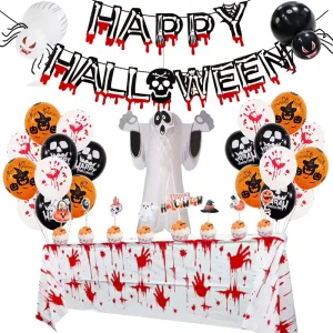 Halloween Party Decoration Set Halloween Banner Latex Balloons Bloody Tablecover Spider Pumpkin Ornaments Supplies