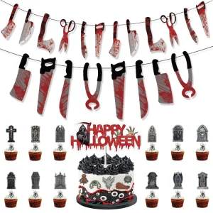 Halloween Party Decorations Horror Banner Bloody Knife Garland Grim Reaper Tombstone Cake Toppers Baking Decorations