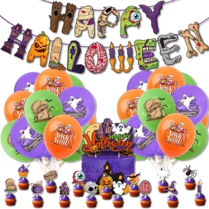 Halloween Party Decorations Kit with Spooky Banners Creepy Cake Toppers and Balloons for Haunted House Themed Events Scary Setup