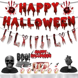 Halloween Party Decorations with Scary Bloodstain Theme Birthday Banners Bloody Knife Garlands and Plug in Decorations