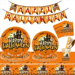 Halloween Party Tablecloth Paper Plate Banner Paper Cup Tissue Paper Tableware Set