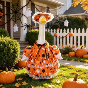 Halloween Personalized Breathable Luxury Goose Costumes Ghost Pumpkin Pattern Clothes for 23 Inch Concrete Geese with Lace Trim