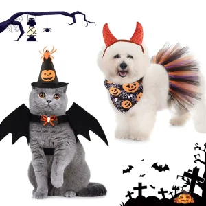 Halloween Pet Costume Accessories Set with Pumpkin & Bat Wings Pattern Cat Outfit