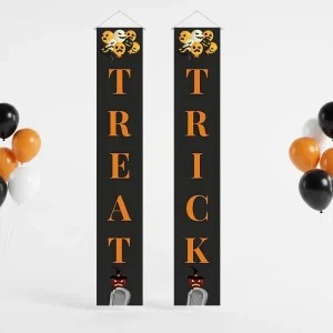 Halloween Porch Sign Set Trick or Treat & Happy Halloween Spooky Ghost Witch Tombstone Banner for Front Door Decor