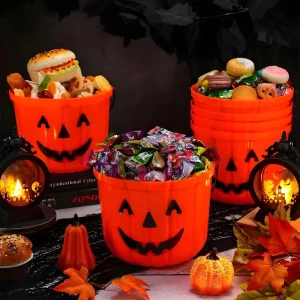 Halloween Pumpkin Bucket Portable Plastic Candy Bucket for Halloween Decorations Trick or Treat Party Supplies