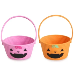 Halloween Pumpkin Candy Basket Pink Orange Cotton Rope With Jack O Lantern Face Handle For Kids Trick Or Treat Party Decor