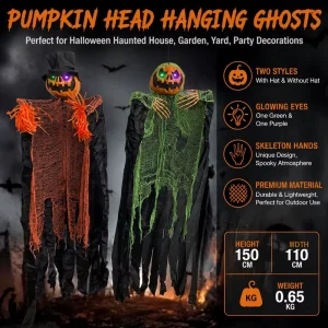 Halloween Pumpkin Head Animated Hanging Ghosts 5ft Skeleton Decorations with Glowing Eyes Spooky Decorations for Haunted House