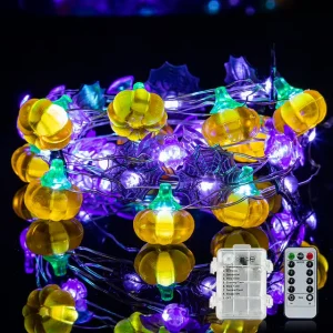 Halloween Pumpkin LED String Lights Remote Control Battery Operated Copper Wire Decorative Party Lighting IP44 Rated Dimmable