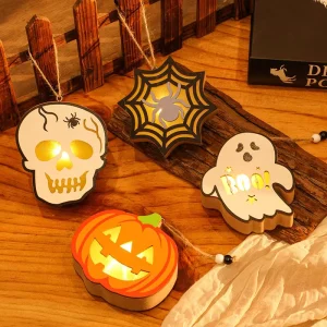 Halloween Pumpkin Lanterns Wooden Skeleton Spider Halloween Scene Hanging Mini Night Lights