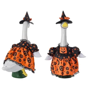 Halloween Pumpkin Witch Goose Outfit 23 Inch Lawn Porch Black Orange Lace Trim Dress Hat Outdoor Garden Yard Polyester Decor