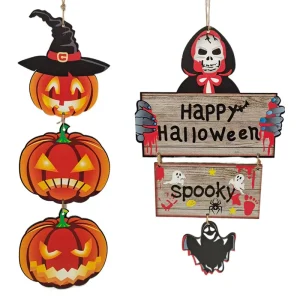 Halloween Pumpkin and Ghost Wooden Hanging Decorations for Outdoor Use