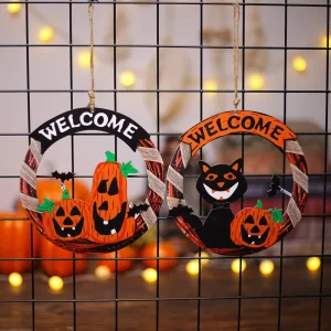 Halloween Round Wooden Hanging Sign for Spooky Party Decorations and Holiday Home Wall Art