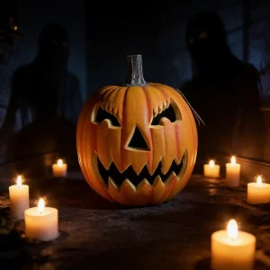 Halloween Scary Jack O’ Lantern Pumpkin Light LED Pumpkin Decor with Jagged Teeth & Bushy Eyebrows for Haunted House & Party