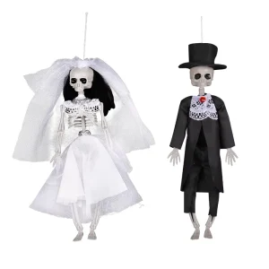 Halloween Skeleton Bride and Groom Hanging Decoration Plastic Props for Haunted House Secret Rooms Bars Party Scenes