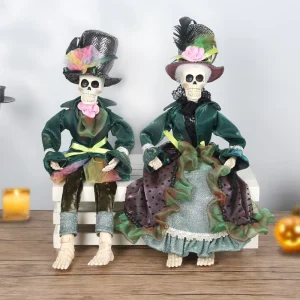 Halloween Skeleton Elf Doll Flexible Skeleton Couple Figurines Sitting Skull Statue Gothic Mantel Ornaments Home Decor