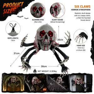 Halloween Spider Skull Prop with Glowing Eyes and Six Articulated Claws