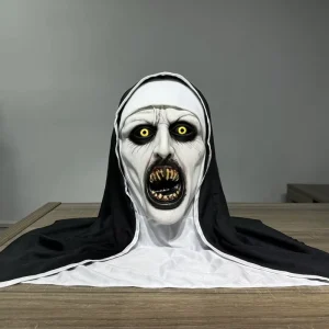 Halloween Spirit Bloody Mouth Nun Face Latex Mask with Hoodie Spooky Festival Party Masks Headgear for Haunted House Cosplay