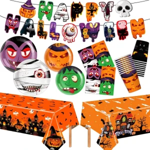 Halloween Theme Tableware Party Supplies Birthday Decoration Horror Prop Paper Plate Napkin Tablecloth Cup Banner Set Custom