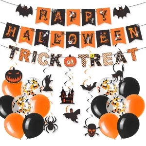Halloween Themed Party Decoration Bat Spider Pumpkin Banner Latex Balloons Hanging Spiral Set Trick or Treat
