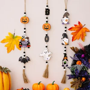 Halloween Wooden Bead Hanging Garland Pumpkin Ghost Tassel Pendant Wall Door Porch Tiered Tray Home Decor Halloween Decorations