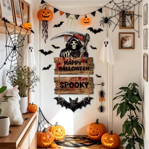Halloween themed banner with a Grim Reaper scythe and bat pattern decorative bunting for creating a spooky home atmosphere
