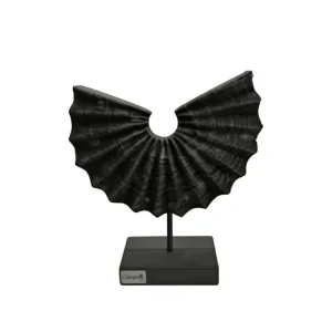 Hand-Chiseled Ruffled Wood Sculpture Pleated Fan Art Piece with Base for Modern Industrial Farmhouse Coffee Table Shelf Decor