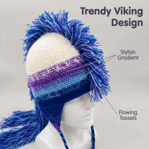 Hand Crochet Ear Flap Beanie Hat Long Tassel Rivet Decoration 100% Acrylic Winter Knit Hat Funny Viking Costume Accessory for