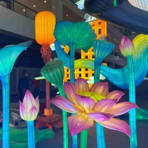 Hand Painted Chinese Flower Festival Lantern Decoration Outdoor LED Moving Lotus Flower Waterproof Lantern Group