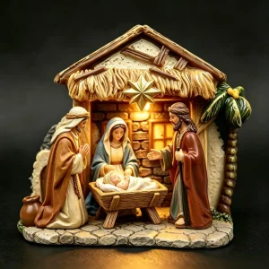 Hand Painted Holy Family Christmas Stable Manger Eco Friendly LED Light Resin Sculpture Religious Style Holiday