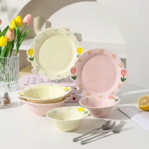 Hand-painted Glazed Embossed Ceramic Plate Bowl Set Household Tableware Western Dish Pasta Plant Tulip Design