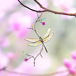 Handcrafted Art Deco Stained Glass Dragonfly Sun Catcher Crystal Accented Window Decoration for Home Nature Inspired Art Piece