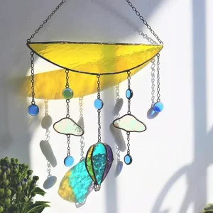 Handcrafted Art Deco Sun Color Stained Glass Sun Catcher Colorful Raindrop Charms Cloud Design for Home Decor All-Season