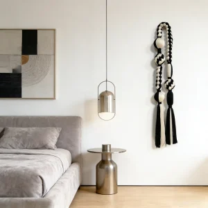 Handcrafted Black and White Knot Tassel Bubble Tapestry Macrame Wall Hanging Decor Art Home Decor for Dining Room