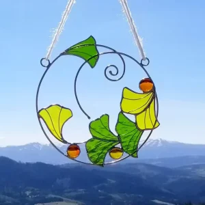 Handcrafted Ginkgo Leaf Suncatcher Art Deco Style Stained Glass Garden Decor Window Hanging Ornament