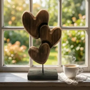 Handcrafted Triple Heart Wood Art Piece Minimalist Love Symbol Sculpture with Stand Anniversary Valentine’s Day Gift for Couples