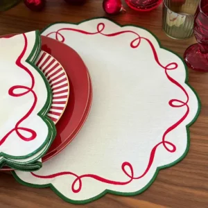 Handmade 100% Linen Napkins Placemats with Scallop Edge Christmas Embroidered Tableware for Festivals Parties Weddings Hotels