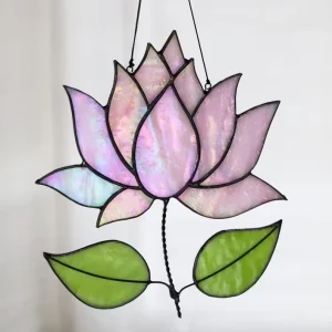 Handmade Art Deco Lotus Suncatcher Customizable Square Round Home Decor Anniversary Gift Water Lily Panel Birth Month Stained