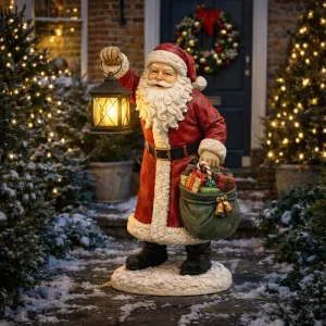 Handmade Art Deco Resin Christmas Santa Lantern Figurine Lighted Holiday Outdoor Porch Entrance Decor