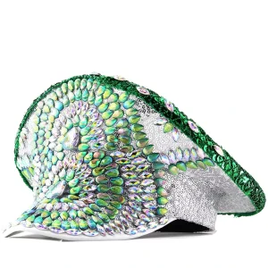 Handmade Bling Rhinestone Captain Hat Silver Crystal Bride Cap for Festival Parade Concert & Costume