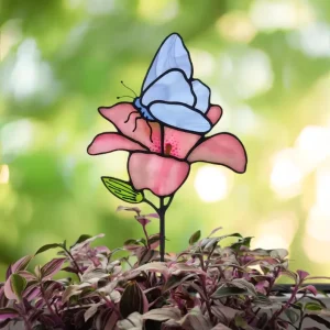 Handmade Blue Flower Butterfly Stained Glass Suncatcher Art Deco Design Style for Spring Home Decor Mother’s Day Gift