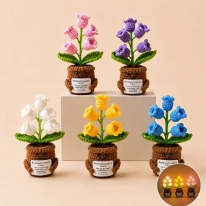 Handmade Crochet Bell Flower Table Light Pot with Soft Glowing LED Light Feature for Best Friends and Coworkers Gift Idea
