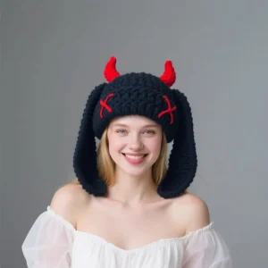 Handmade Crochet Cute Little Devil Horn Big Rabbit Ears Warm Knitting Festival Party Earflap Unisex Adult Common Schoolgirl