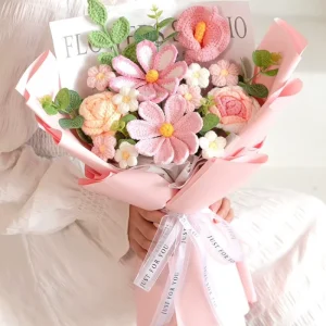 Handmade Crochet Flower Bouquet Knit Gift Crochet Bouquet Romantic Wedding Party Supplies for Valentine’s Day Arch Decoration