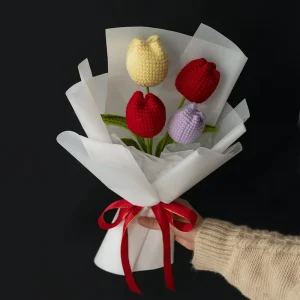 Handmade Crochet Flower Bouquet Knitted Red Tulips Sunflowers for Wedding Valentine’s Day Anniversary Gift Decor