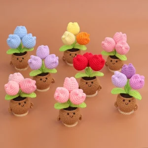 Handmade Crochet Flowers Potted Ornament Realistic Knitted Petals for Room Decor Housewarming Present Zero Maintenance Required