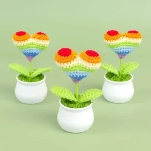 Handmade Crochet Rainbow Heart Potted Flower Featuring Handcrafted Soft Cotton Yarn for Office Desk Accessory Stress Relief