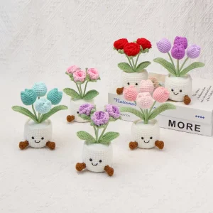 Handmade Crochet Rose Potted Plant Decor Realistic Knitted Rose for Rose Lovers Wedding Keepsake Stress Relief Desk Buddy