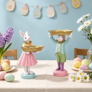 Handmade Easter Bunny Resin Figurine Statue Holding Gold Tray Ornament for Home Desktop Spring Seasonal Decor