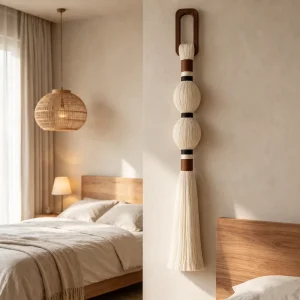 Handmade Macrame Wall Hanging Tassel Wabi Sabi Style Ball Tassel Wall Decor for Living Room Bedroom Home Art Ornament
